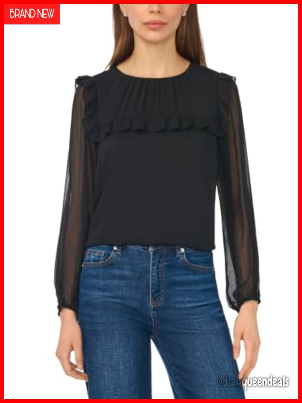 Ruffled Yoke Long Sleeve Tie Neck Blouse Pull On Ruffle Sleeve